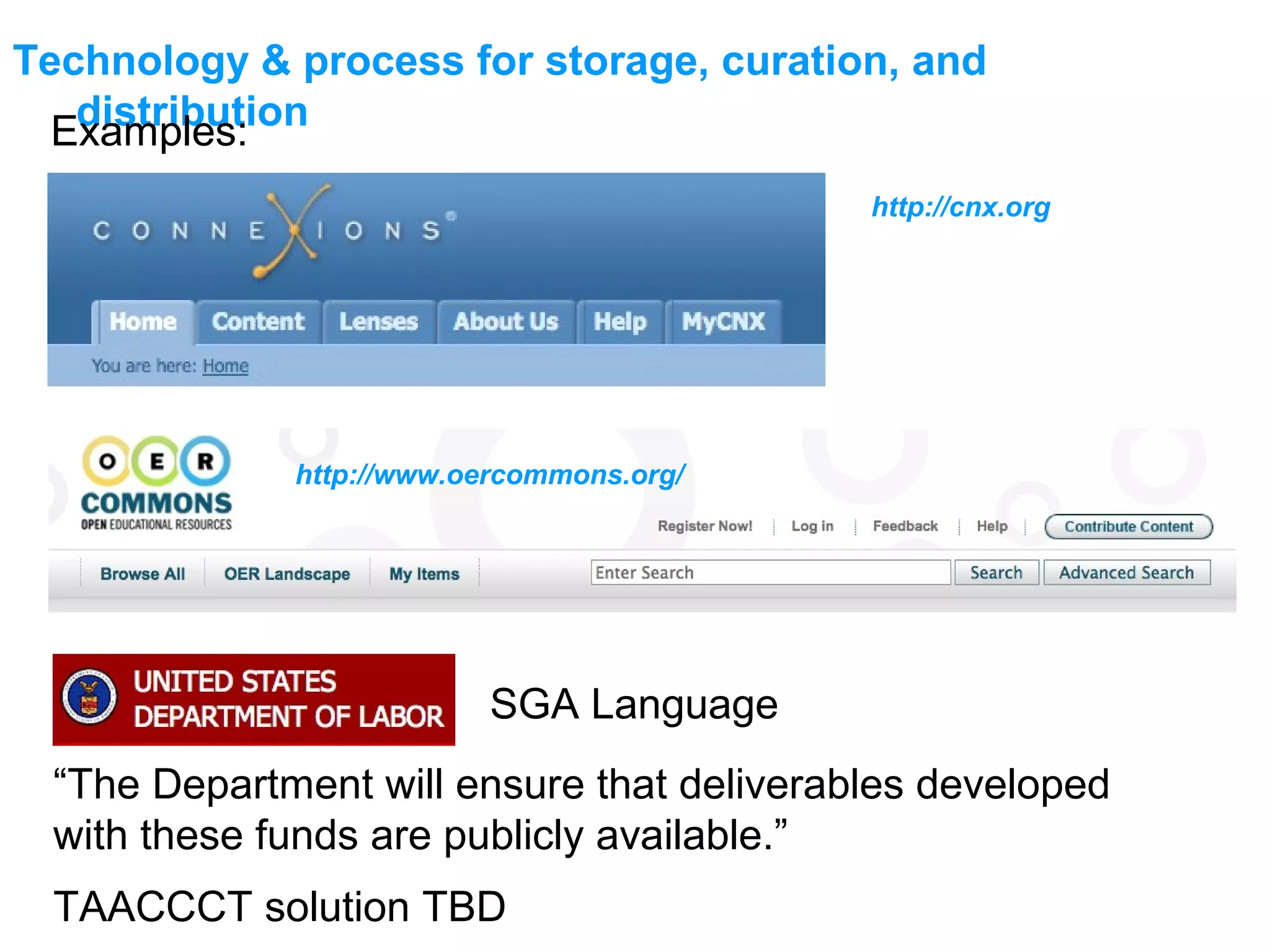 Technology & process for storage, curation, and
distribution
“The Department will ensure that deliverables developed
with these funds are publicly available.”
TAACCCT solution TBD
SGA Language
http://cnx.org
http://www.oercommons.org/
Examples:
 