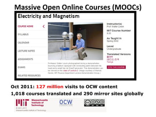 Massive Open Online Courses (MOOCs)
Oct 2011: 127 million visits to OCW content
1,018 courses translated and 290 mirror sites globally
 