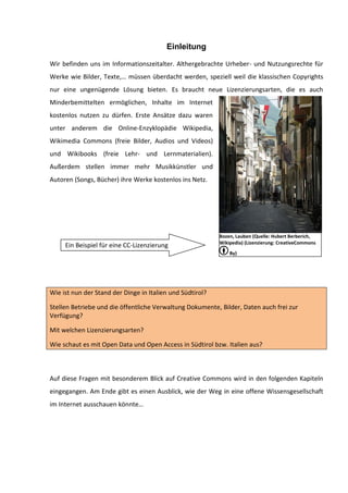 Einleitung

Wir befinden uns im Informationszeitalter. Althergebrachte Urheber- und Nutzungsrechte für
Werke wie Bilder, Texte,… müssen überdacht werden, speziell weil die klassischen Copyrights
nur eine ungenügende Lösung bieten. Es braucht neue Lizenzierungsarten, die es auch
Minderbemittelten ermöglichen, Inhalte im Internet
kostenlos nutzen zu dürfen. Erste Ansätze dazu waren
unter anderem die Online-Enzyklopädie Wikipedia,
Wikimedia Commons (freie Bilder, Audios und Videos)
und Wikibooks (freie Lehr- und Lernmaterialien).
Außerdem stellen immer mehr Musikkünstler und
Autoren (Songs, Bücher) ihre Werke kostenlos ins Netz.




                                                           Bozen, Lauben (Quelle: Hubert Berberich,
                                                           Wikipedia) (Lizenzierung: CreativeCommons
     Ein Beispiel für eine CC-Lizenzierung
                                                               By)




Wie ist nun der Stand der Dinge in Italien und Südtirol?

Stellen Betriebe und die öffentliche Verwaltung Dokumente, Bilder, Daten auch frei zur
Verfügung?

Mit welchen Lizenzierungsarten?

Wie schaut es mit Open Data und Open Access in Südtirol bzw. Italien aus?



Auf diese Fragen mit besonderem Blick auf Creative Commons wird in den folgenden Kapiteln
eingegangen. Am Ende gibt es einen Ausblick, wie der Weg in eine offene Wissensgesellschaft
im Internet ausschauen könnte…
 