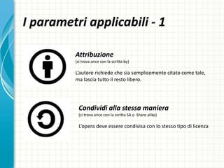 I parametri applicabili - 1
Attribuzione
(si trova ance con la scritta by)
L’autore richiede che sia semplicemente citato come tale,
ma lascia tutto il resto libero.
Condividi alla stessa maniera
(si trova ance con la scritta SA o Share alike)
L’opera deve essere condivisa con lo stesso tipo di licenza
 
