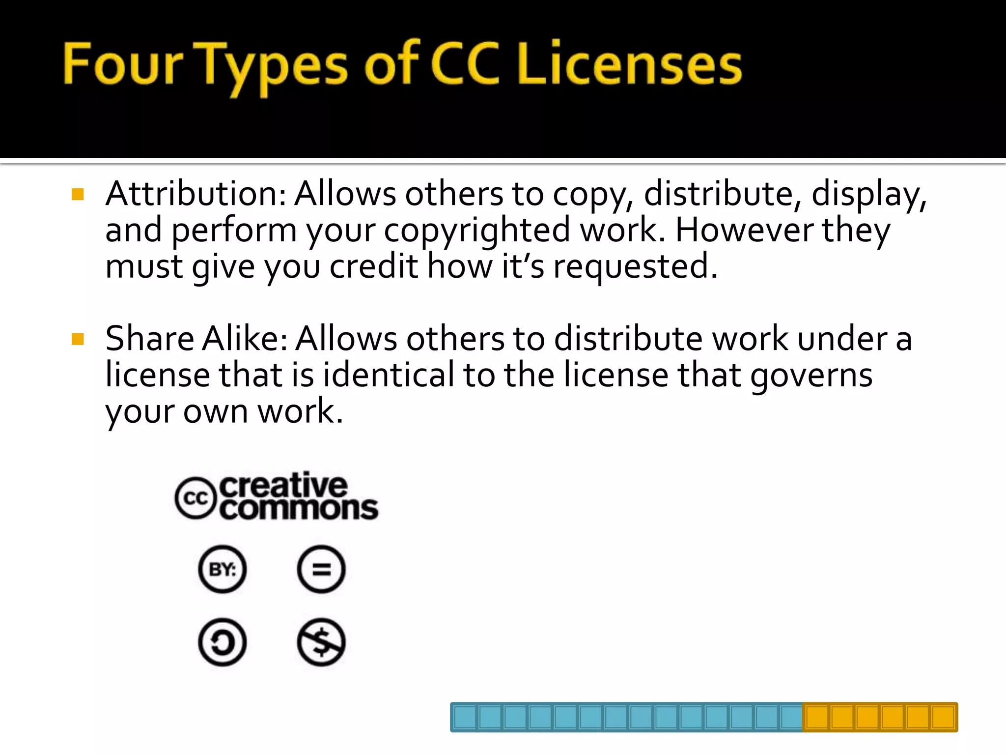 Four Types of CC LicensesAttribution: Allows others to copy, distribute, display, and perform your copyrighted work. However they must give you credit how it’s requested. Share Alike: Allows others to distribute work under a license that is identical to the license that governs your own work.