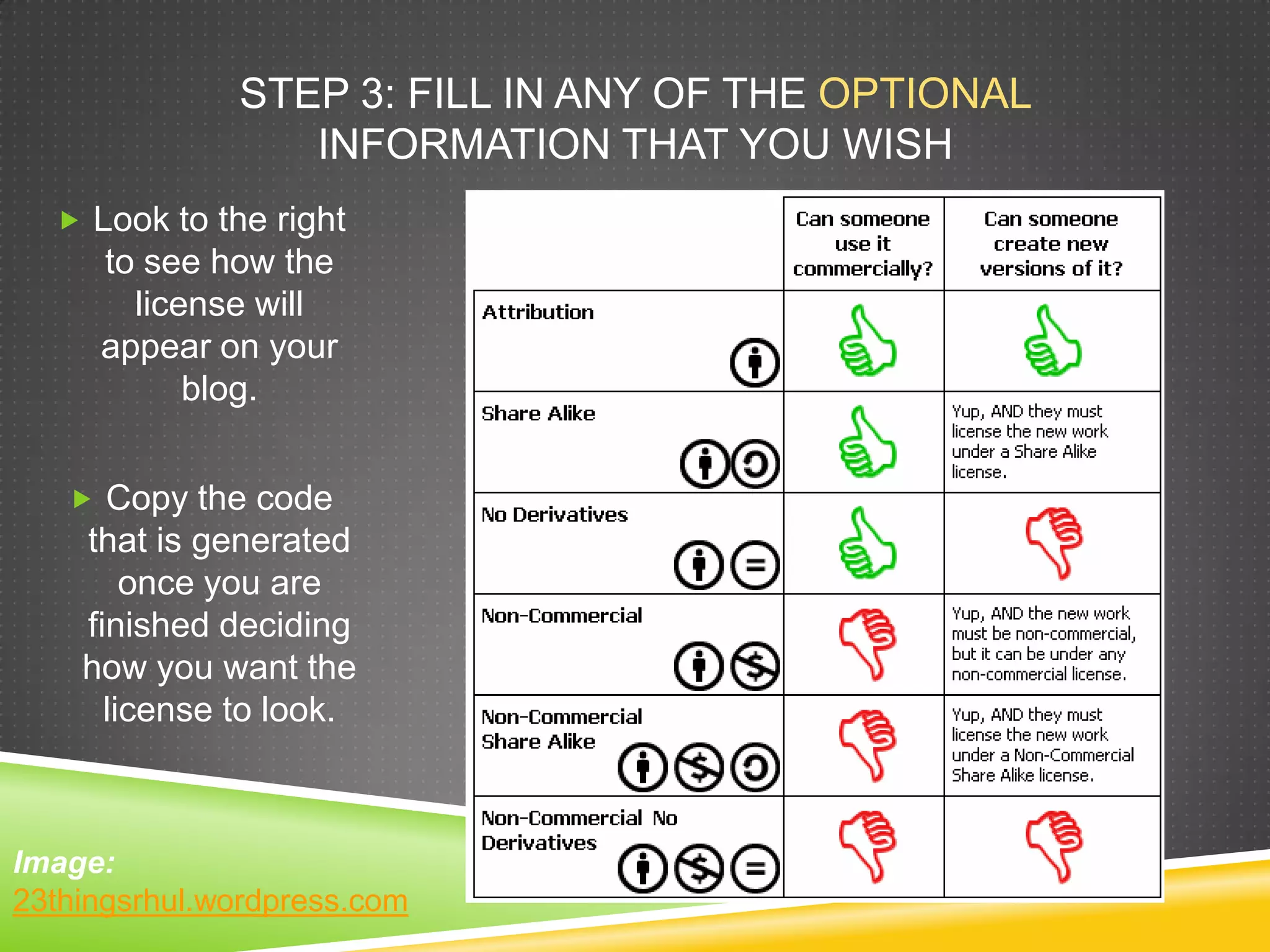 STEP 3: FILL IN ANY OF THE OPTIONAL
INFORMATION THAT YOU WISH
 Look to the right
to see how the
license will
appear on your
blog.
 Copy the code
that is generated
once you are
finished deciding
how you want the
license to look.
Image:
23thingsrhul.wordpress.com
 