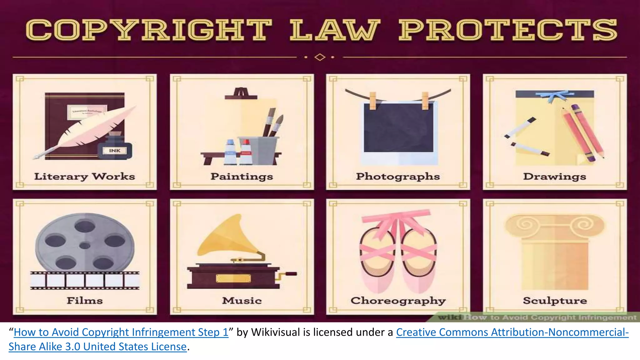 “How to Avoid Copyright Infringement Step 1” by Wikivisual is licensed under a Creative Commons Attribution-Noncommercial-
Share Alike 3.0 United States License.
 