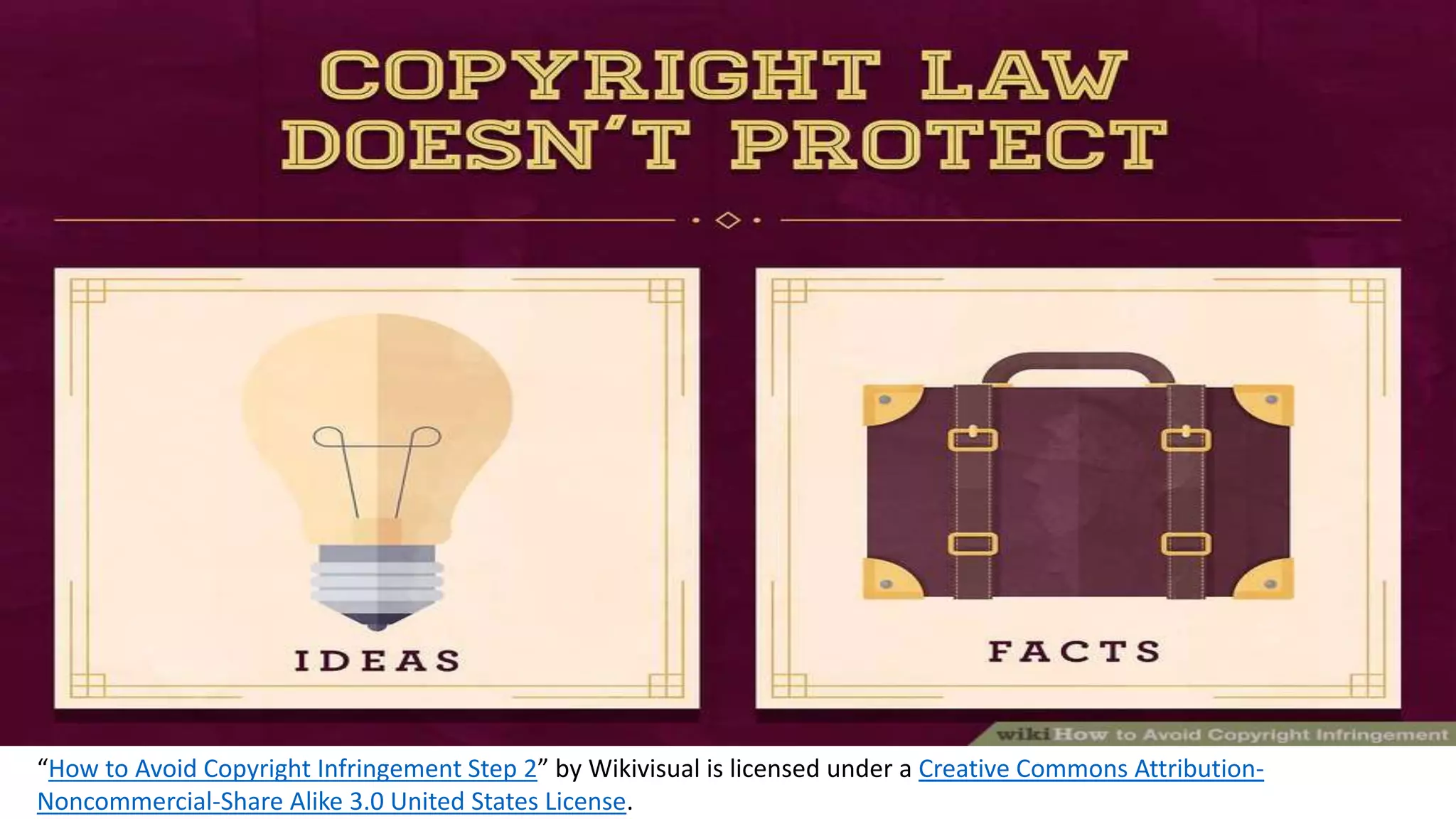 “How to Avoid Copyright Infringement Step 2” by Wikivisual is licensed under a Creative Commons Attribution-
Noncommercial-Share Alike 3.0 United States License.
 