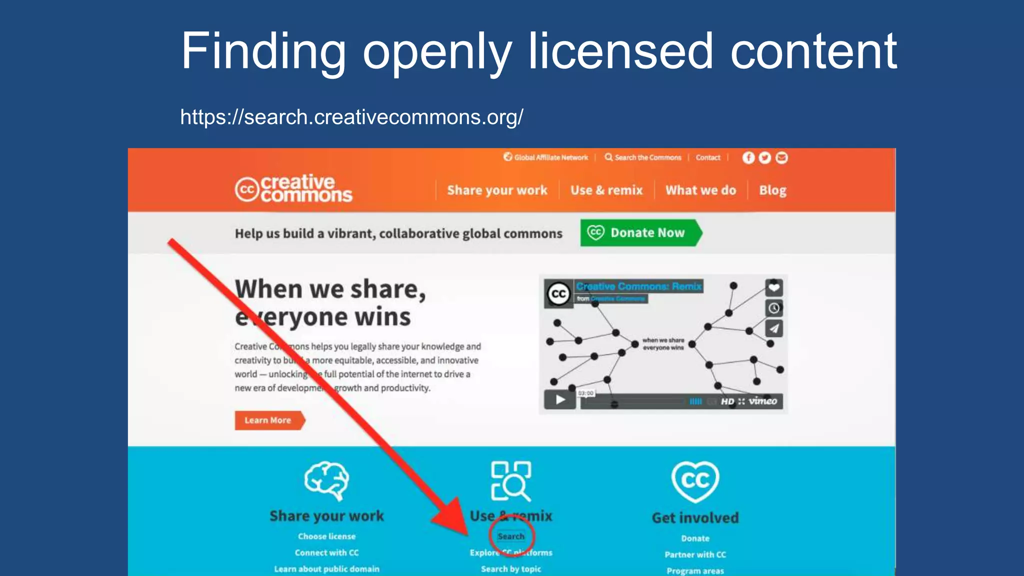 Finding openly licensed content
https://search.creativecommons.org/
 
