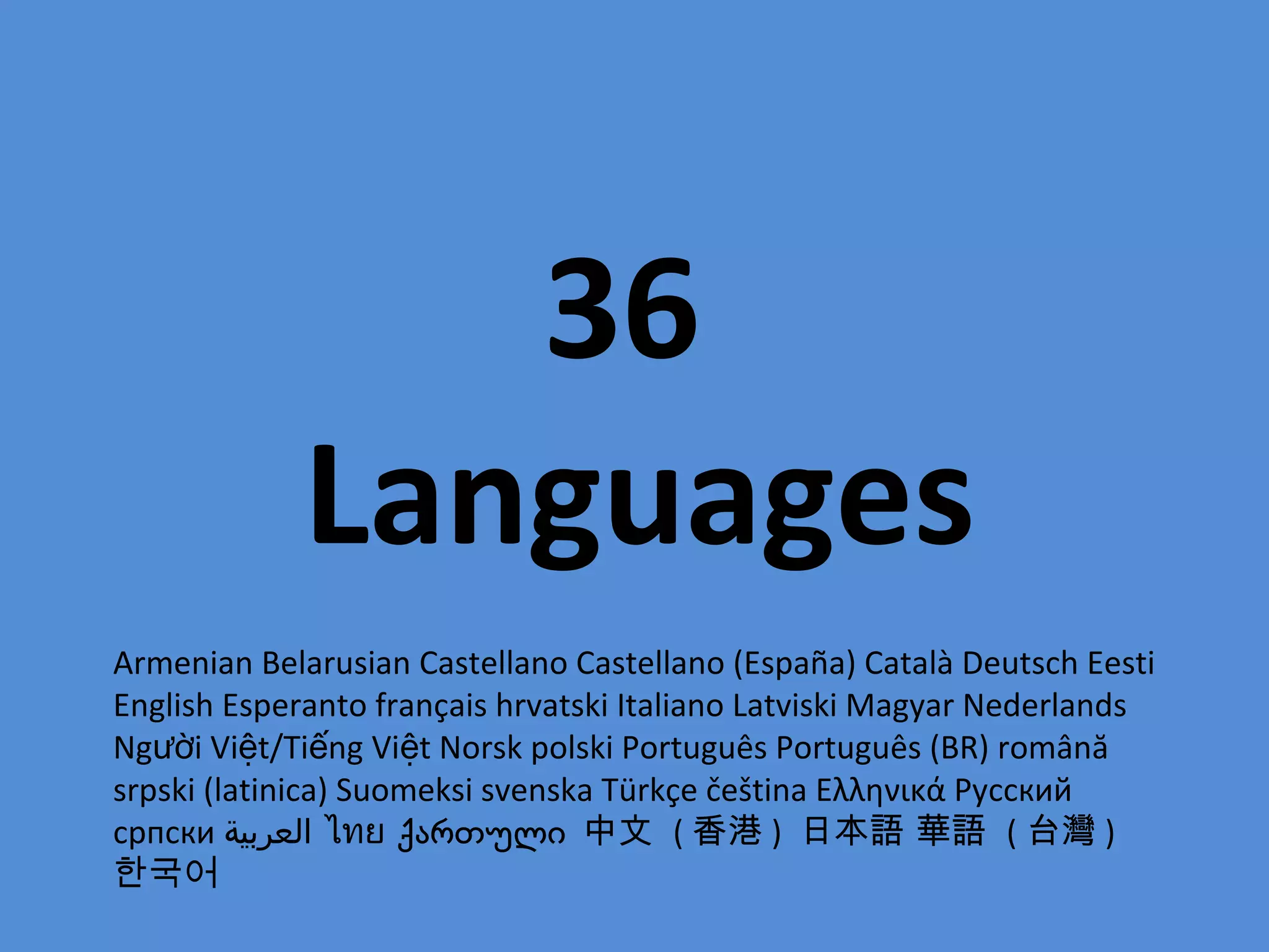 36
            Languages
Armenian Belarusian Castellano Castellano (España) Català Deutsch Eesti
English Esperanto français hrvatski Italiano Latviski Magyar Nederlands
Người Việt/Tiếng Việt Norsk polski Português Português (BR) română
srpski (latinica) Suomeksi svenska Türkçe čeština Ελληνικά Русский
српски ‫ العربية‬ไทย ქართული 中文 ( 香港 ) 日本語 華語 ( 台灣 )
한국어
 