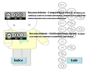 Reconocimiento - C ompartirIgual (by-s a): Se per e eluso           mit
          comer lde l obr yde l s posibl obr s der a s, l distibució de l s cuaes se debe
               cia a a a               es a iv da a r n a l
          ha con unal
            cer      icenciaigua al que r al obr or l
                                l a egul a a igina.




           Reconocimiento - S inObraDerivada (by-nd): Se per e        mit
           eluso comer lde l obr per no l gener ció de obr s der a s.
                      cia a a o a              a n        a iv da




Índic e                                                             S alir
 