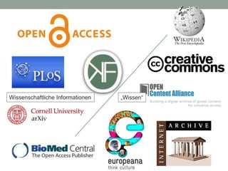 Was halten Wissenschaftler von freiem
Wissen?
• Beteiligung von Wissenschaftlern bei Wikipedia, Open
Knowledge Foundation,...