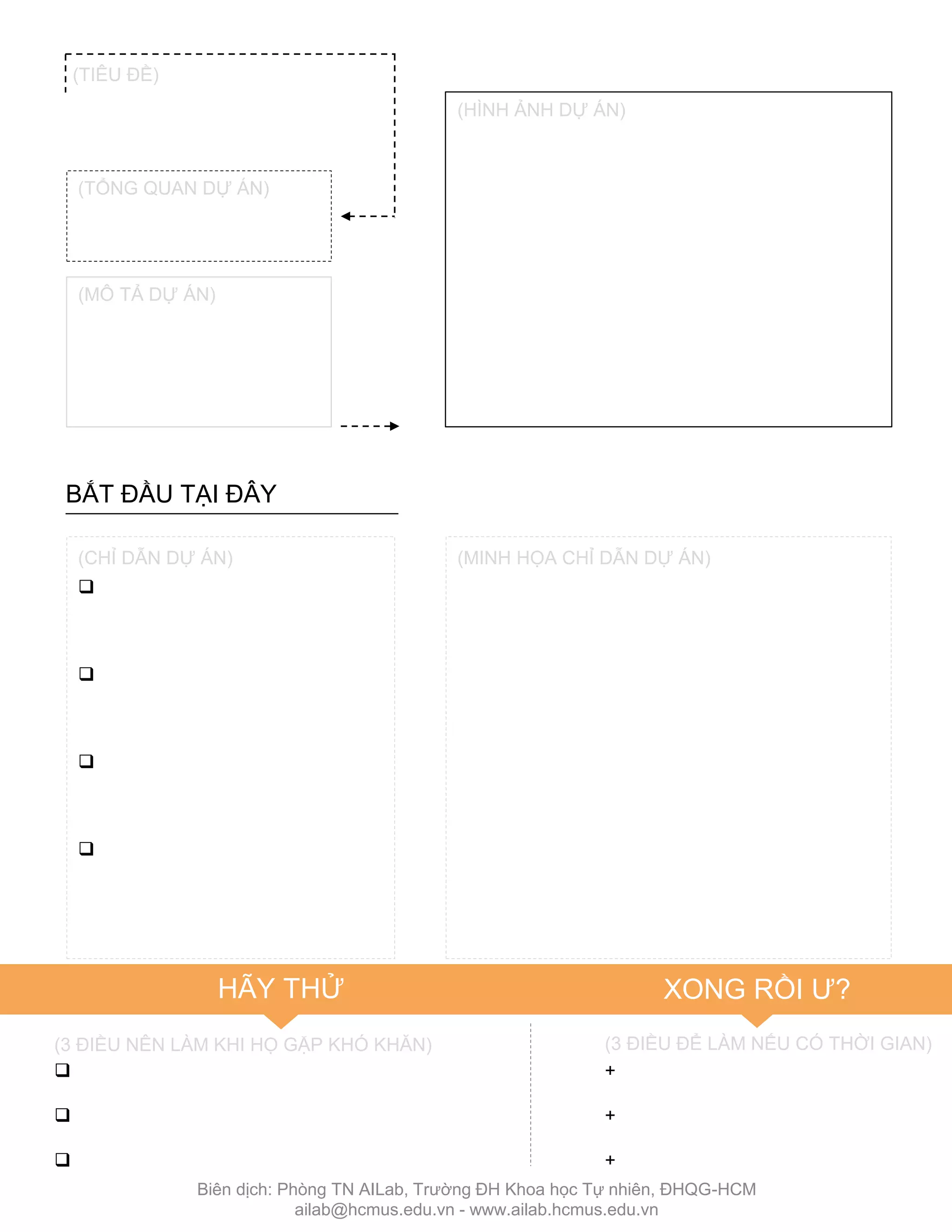 BẮT ĐẦU TẠI ĐÂY
(CHỈ DẪN DỰ ÁN)







HÃY THỬ XONG RỒI Ƣ?
+
+
+
(TIÊU ĐỀ)
(HÌNH ẢNH DỰ ÁN)
(3 ĐIỀU NÊN LÀM KHI HỌ GẶP KHÓ KHĂN) (3 ĐIỀU ĐỂ LÀM NẾU CÓ THỜI GIAN)
(MINH HỌA CHỈ DẪN DỰ ÁN)
(TỔNG QUAN DỰ ÁN)
(MÔ TẢ DỰ ÁN)
Biên dịch: Phòng TN AILab, Trƣờng ĐH Khoa học Tự nhiên, ĐHQG-HCM
ailab@hcmus.edu.vn - www.ailab.hcmus.edu.vn
 