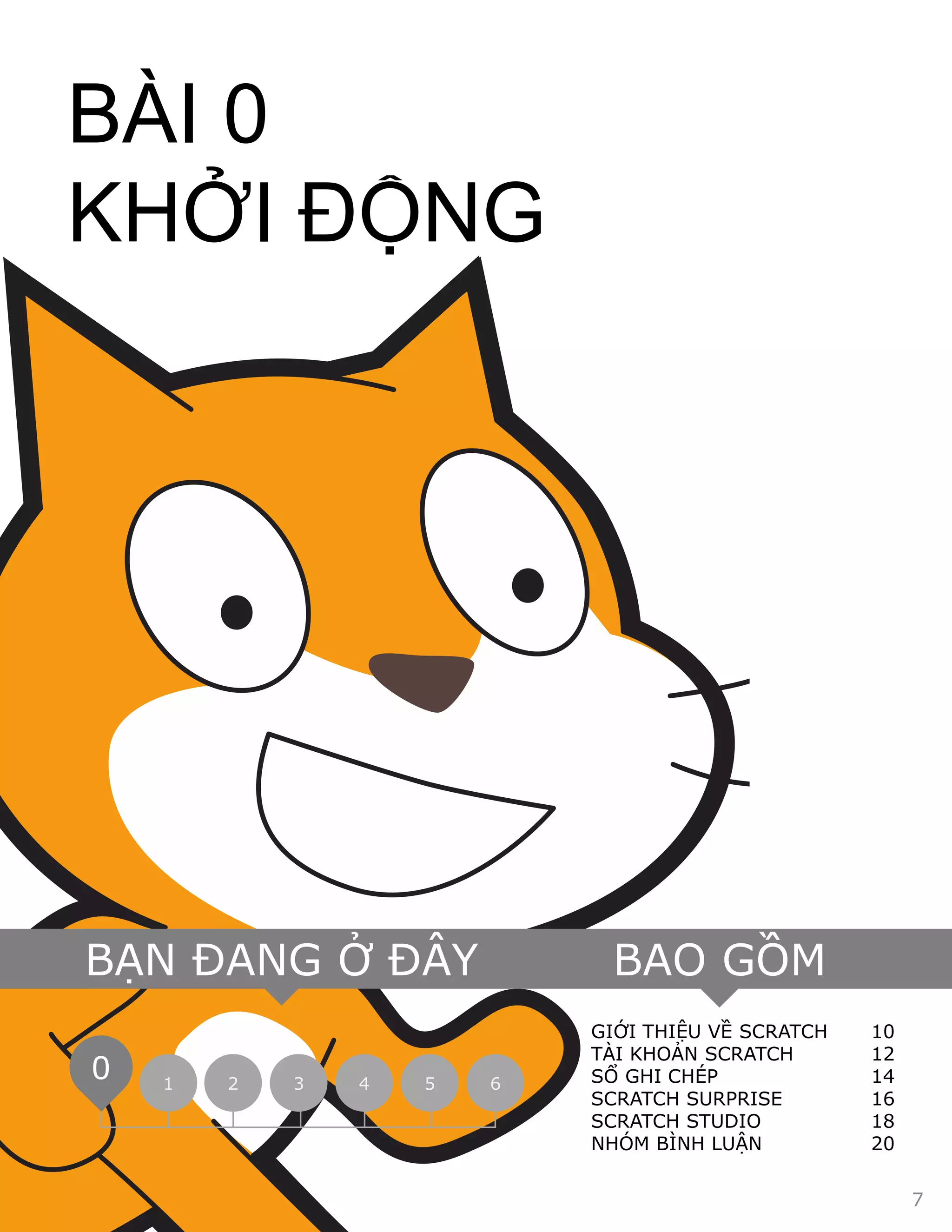 GIỚI THIỆU VỀ SCRATCH 10
TÀI KHOẢN SCRATCH 12
SỔ GHI CHÉP 14
SCRATCH SURPRISE 16
SCRATCH STUDIO 18
NHÓM BÌNH LUẬN 20
BAO GỒMBẠN ĐANG Ở ĐÂY
1 2 3 4 5 6
0
BÀI 0
KHỞI ĐỘNG
7
 