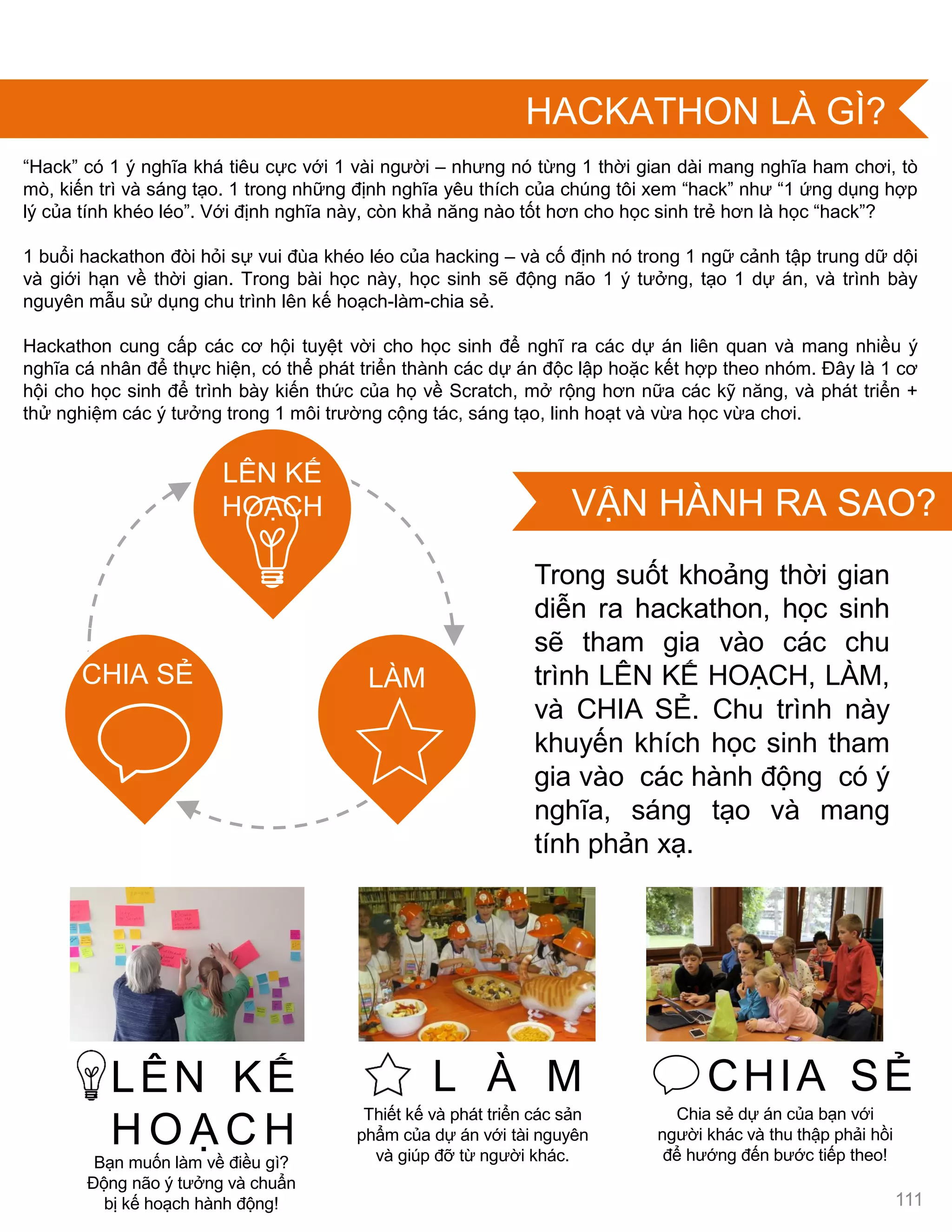 THE “BIG IDEA”
Trong suốt khoảng thời gian
diễn ra hackathon, học sinh
sẽ tham gia vào các chu
trình LÊN KẾ HOẠCH, LÀM,
và CHIA SẺ. Chu trình này
khuyến khích học sinh tham
gia vào các hành động có ý
nghĩa, sáng tạo và mang
tính phản xạ.
L À M
Thiết kế và phát triển các sản
phẩm của dự án với tài nguyên
và giúp đỡ từ ngƣời khác.
LÊN KẾ
H O Ạ C H
Bạn muốn làm về điều gì?
Động não ý tƣởng và chuẩn
bị kế hoạch hành động!
CHIA SẺ
Chia sẻ dự án của bạn với
ngƣời khác và thu thập phải hồi
để hƣớng đến bƣớc tiếp theo!
“Hack” có 1 ý nghĩa khá tiêu cực với 1 vài ngƣời – nhƣng nó từng 1 thời gian dài mang nghĩa ham chơi, tò
mò, kiến trì và sáng tạo. 1 trong những định nghĩa yêu thích của chúng tôi xem “hack” nhƣ “1 ứng dụng hợp
lý của tính khéo léo”. Với định nghĩa này, còn khả năng nào tốt hơn cho học sinh trẻ hơn là học “hack”?
1 buổi hackathon đòi hỏi sự vui đùa khéo léo của hacking – và cố định nó trong 1 ngữ cảnh tập trung dữ dội
và giới hạn về thời gian. Trong bài học này, học sinh sẽ động não 1 ý tƣởng, tạo 1 dự án, và trình bày
nguyên mẫu sử dụng chu trình lên kế hoạch-làm-chia sẻ.
Hackathon cung cấp các cơ hội tuyệt vời cho học sinh để nghĩ ra các dự án liên quan và mang nhiều ý
nghĩa cá nhân để thực hiện, có thể phát triển thành các dự án độc lập hoặc kết hợp theo nhóm. Đây là 1 cơ
hội cho học sinh để trình bày kiến thức của họ về Scratch, mở rộng hơn nữa các kỹ năng, và phát triển +
thử nghiệm các ý tƣởng trong 1 môi trƣờng cộng tác, sáng tạo, linh hoạt và vừa học vừa chơi.
111
LÊN KẾ
HOẠCH
CHIA SẺ LÀM
VẬN HÀNH RA SAO?
HACKATHON LÀ GÌ?
 