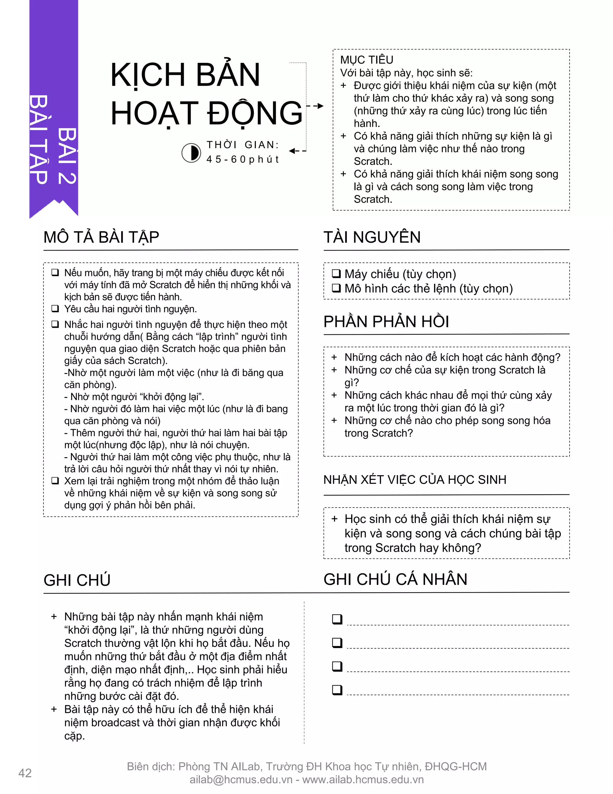  Nếu muốn, hãy trang bị một máy chiếu đƣợc kết nối
với máy tính đã mở Scratch để hiển thị những khối và
kịch bản sẽ đƣợc tiến hành.
 Yêu cầu hai ngƣời tình nguyện.
 Nhắc hai ngƣời tình nguyện để thực hiện theo một
chuỗi hƣớng dẫn( Bằng cách “lập trình” ngƣời tình
nguyện qua giao diện Scratch hoặc qua phiên bản
giấy của sách Scratch).
-Nhờ một ngƣời làm một việc (nhƣ là đi băng qua
căn phòng).
- Nhờ một ngƣời “khởi động lại”.
- Nhờ ngƣời đó làm hai việc một lúc (nhƣ là đi bang
qua căn phòng và nói)
- Thêm ngƣời thứ hai, ngƣời thứ hai làm hai bài tập
một lúc(nhƣng độc lập), nhƣ là nói chuyện.
- Ngƣời thứ hai làm một công việc phụ thuộc, nhƣ là
trả lời câu hỏi ngƣời thứ nhất thay vì nói tự nhiên.
 Xem lại trải nghiệm trong một nhóm để thảo luận
về những khái niệm về sự kiện và song song sử
dụng gợi ý phản hồi bên phải.
MÔ TẢ BÀI TẬP
 Máy chiếu (tùy chọn)
 Mô hình các thẻ lệnh (tùy chọn)
TÀI NGUYÊN
+ Những cách nào để kích hoạt các hành động?
+ Những cơ chế của sự kiện trong Scratch là
gì?
+ Những cách khác nhau để mọi thứ cùng xảy
ra một lúc trong thời gian đó là gì?
+ Những cơ chế nào cho phép song song hóa
trong Scratch?
PHẦN PHẢN HỒI
+ Học sinh có thể giải thích khái niệm sự
kiện và song song và cách chúng bài tập
trong Scratch hay không?
NHẬN XÉT VIỆC CỦA HỌC SINH
GHI CHÚ GHI CHÚ CÁ NHÂN




+ Những bài tập này nhấn mạnh khái niệm
“khởi động lại”, là thứ những ngƣời dùng
Scratch thƣờng vật lộn khi họ bắt đầu. Nếu họ
muốn những thứ bắt đầu ở một địa điểm nhất
định, diện mạo nhất định,.. Học sinh phải hiểu
rằng họ đang có trách nhiệm để lập trình
những bƣớc cài đặt đó.
+ Bài tập này có thể hữu ích để thể hiện khái
niệm broadcast và thời gian nhận đƣợc khối
cặp.
MỤC TIÊU
Với bài tập này, học sinh sẽ:
+ Đƣợc giới thiệu khái niệm của sự kiện (một
thứ làm cho thứ khác xảy ra) và song song
(những thứ xảy ra cùng lúc) trong lúc tiến
hành.
+ Có khả năng giải thích những sự kiện là gì
và chúng làm việc nhƣ thế nào trong
Scratch.
+ Có khả năng giải thích khái niệm song song
là gì và cách song song làm việc trong
Scratch.
KỊCH BẢN
HOẠT ĐỘNG
T H Ờ I G I A N :
4 5 - 6 0 p h ú t
BÀI2
BÀITẬP
42
Biên dịch: Phòng TN AILab, Trƣờng ĐH Khoa học Tự nhiên, ĐHQG-HCM
ailab@hcmus.edu.vn - www.ailab.hcmus.edu.vn
 