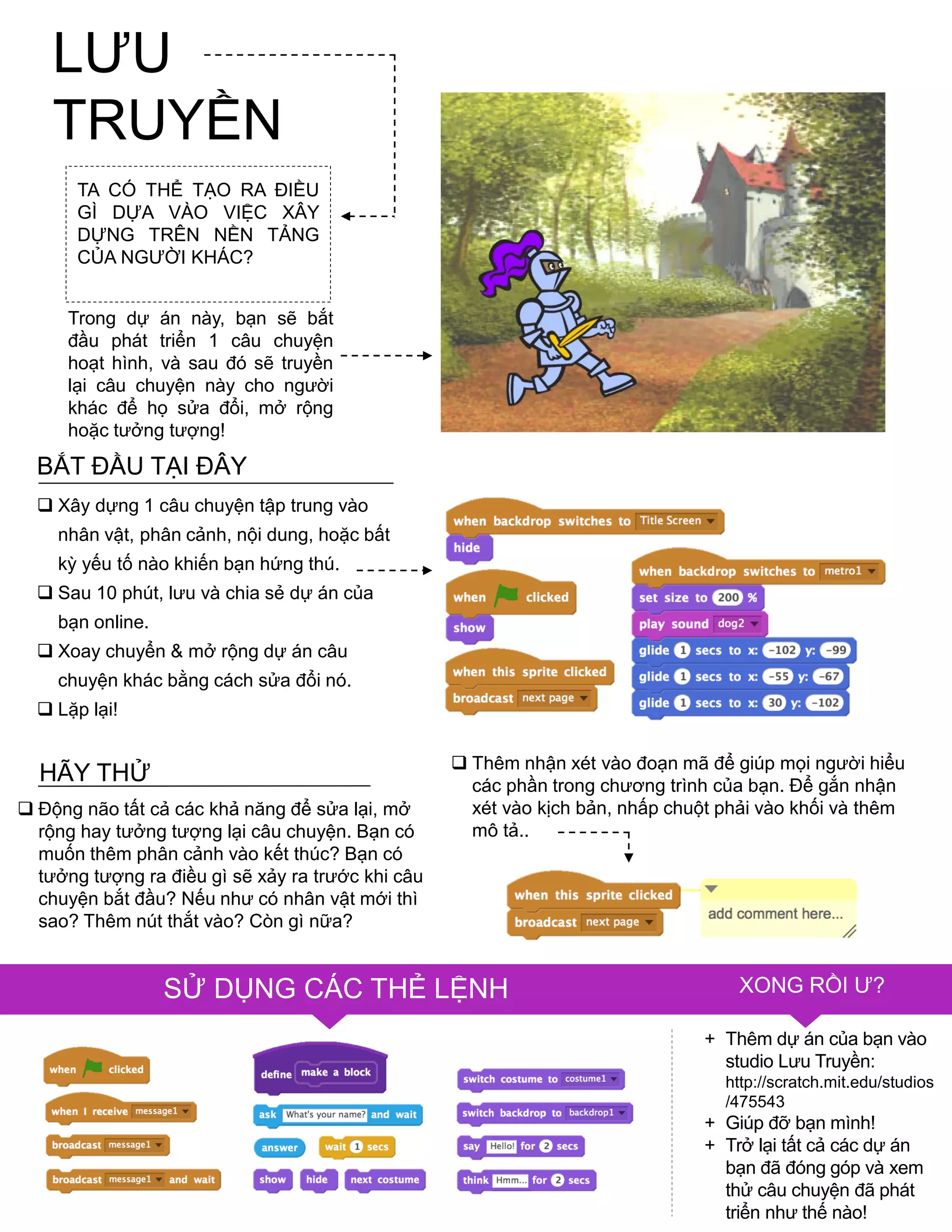 FINISHED?
FINISHED?SỬ DỤNG CÁC THẺ LỆNH XONG RỒI Ƣ?
+ Thêm dự án của bạn vào
studio Lƣu Truyền:
http://scratch.mit.edu/studios
/475543
+ Giúp đỡ bạn mình!
+ Trở lại tất cả các dự án
bạn đã đóng góp và xem
thử câu chuyện đã phát
triển nhƣ thế nào!
TA CÓ THỂ TẠO RA ĐIỀU
GÌ DỰA VÀO VIỆC XÂY
DỰNG TRÊN NỀN TẢNG
CỦA NGƢỜI KHÁC?
Trong dự án này, bạn sẽ bắt
đầu phát triển 1 câu chuyện
hoạt hình, và sau đó sẽ truyền
lại câu chuyện này cho ngƣời
khác để họ sửa đổi, mở rộng
hoặc tƣởng tƣợng!
BẮT ĐẦU TẠI ĐÂY
 Xây dựng 1 câu chuyện tập trung vào
nhân vật, phân cảnh, nội dung, hoặc bất
kỳ yếu tố nào khiến bạn hứng thú.
 Sau 10 phút, lƣu và chia sẻ dự án của
bạn online.
 Xoay chuyển & mở rộng dự án câu
chuyện khác bằng cách sửa đổi nó.
 Lặp lại!
 Động não tất cả các khả năng để sửa lại, mở
rộng hay tƣởng tƣợng lại câu chuyện. Bạn có
muốn thêm phân cảnh vào kết thúc? Bạn có
tƣởng tƣợng ra điều gì sẽ xảy ra trƣớc khi câu
chuyện bắt đầu? Nếu nhƣ có nhân vật mới thì
sao? Thêm nút thắt vào? Còn gì nữa?
HÃY THỬ  Thêm nhận xét vào đoạn mã để giúp mọi ngƣời hiểu
các phần trong chƣơng trình của bạn. Để gắn nhận
xét vào kịch bản, nhấp chuột phải vào khối và thêm
mô tả..
LƢU
TRUYỀN
 