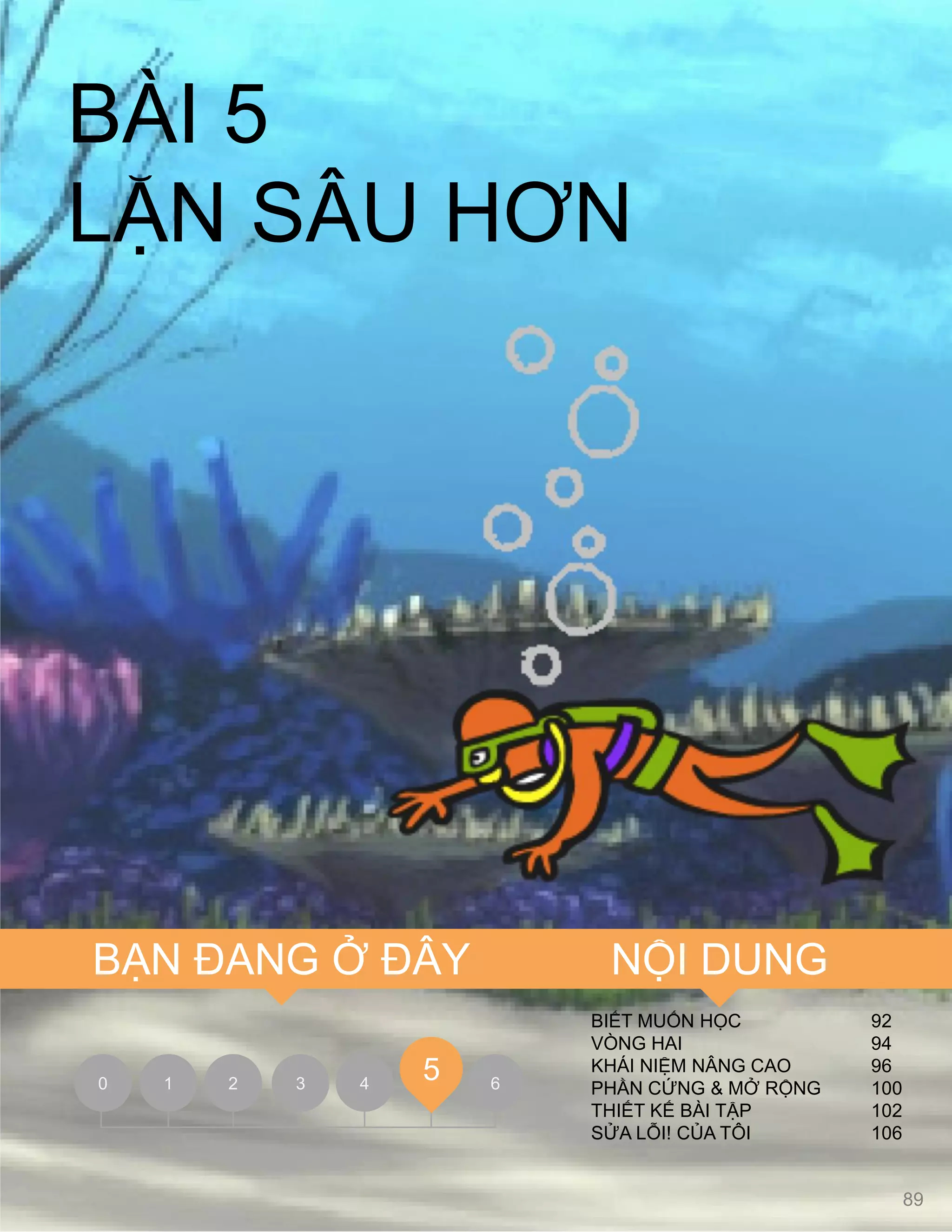 BIẾT MUỐN HỌC 92
VÒNG HAI 94
KHÁI NIỆM NÂNG CAO 96
PHẦN CỨNG & MỞ RỘNG 100
THIẾT KẾ BÀI TẬP 102
SỬA LỖI! CỦA TÔI 106
0 1 2 3 4 6
5
BÀI 5
LẶN SÂU HƠN
89
NỘI DUNGBẠN ĐANG Ở ĐÂY
 