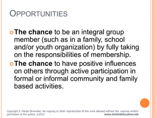 OPPORTUNITIES

   The  chance to be an integral group
    member (such as in a family, school
    and/or youth organizati...