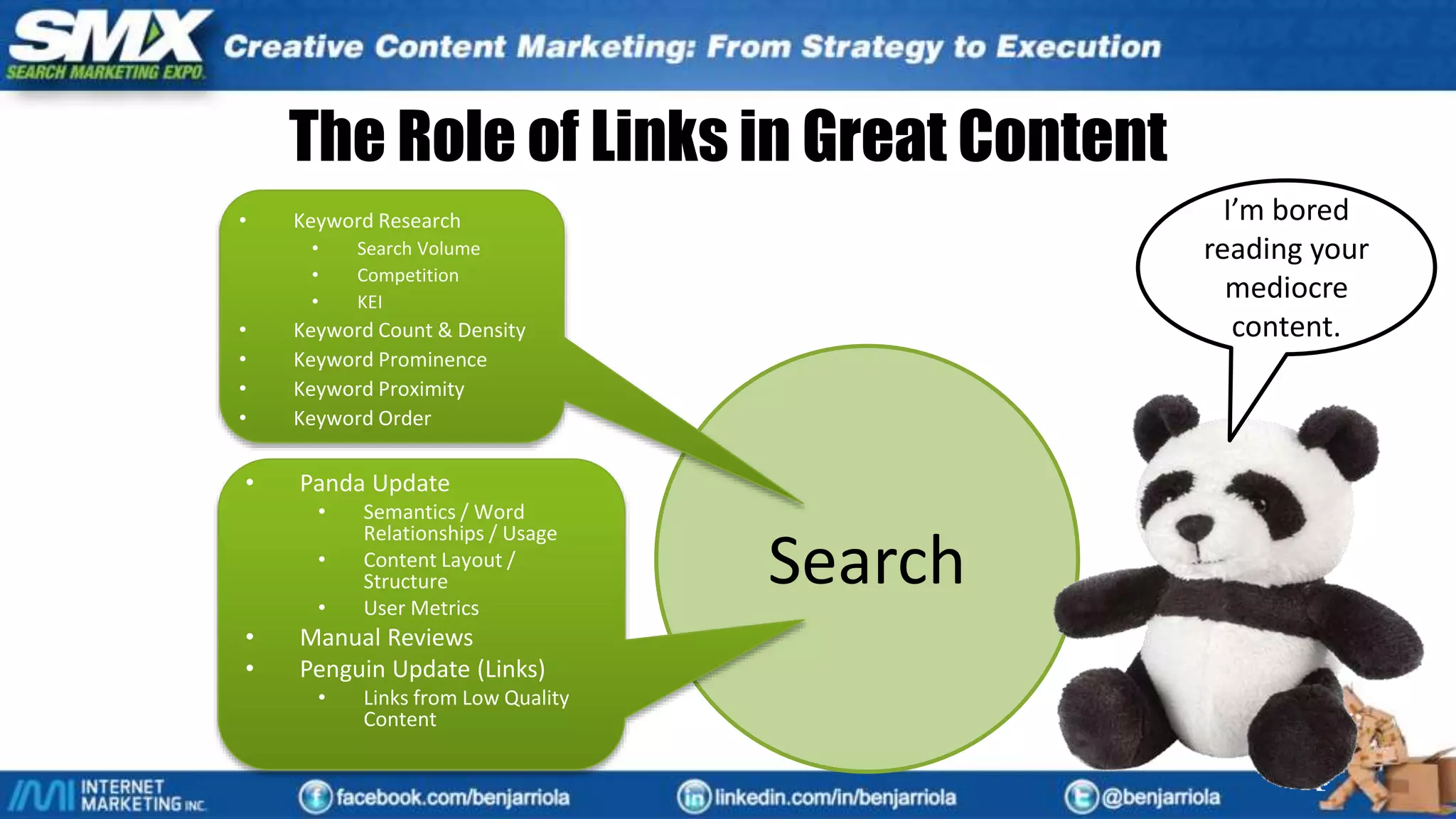 Usability
SearchSocial
Content
Search
• Keyword Research
• Search Volume
• Competition
• KEI
• Keyword Count & Density
• Keyword Prominence
• Keyword Proximity
• Keyword Order
I’m bored
reading your
mediocre
content.
• Panda Update
• Semantics / Word
Relationships / Usage
• Content Layout /
Structure
• User Metrics
• Manual Reviews
• Penguin Update (Links)
• Links from Low Quality
Content
The Role of Links in Great Content
 