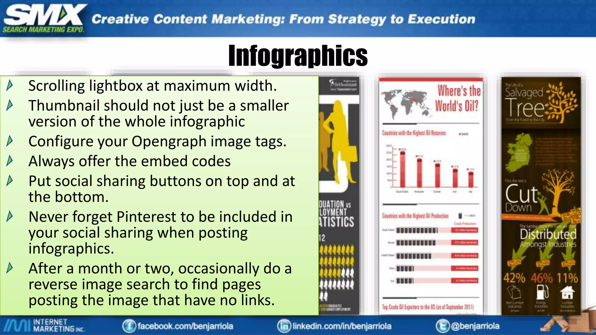 Infographics
Scrolling lightbox at maximum width.
Thumbnail should not just be a smaller
version of the whole infographic
Configure your Opengraph image tags.
Always offer the embed codes
Put social sharing buttons on top and at
the bottom.
Never forget Pinterest to be included in
your social sharing when posting
infographics.
After a month or two, occasionally do a
reverse image search to find pages
posting the image that have no links.
 