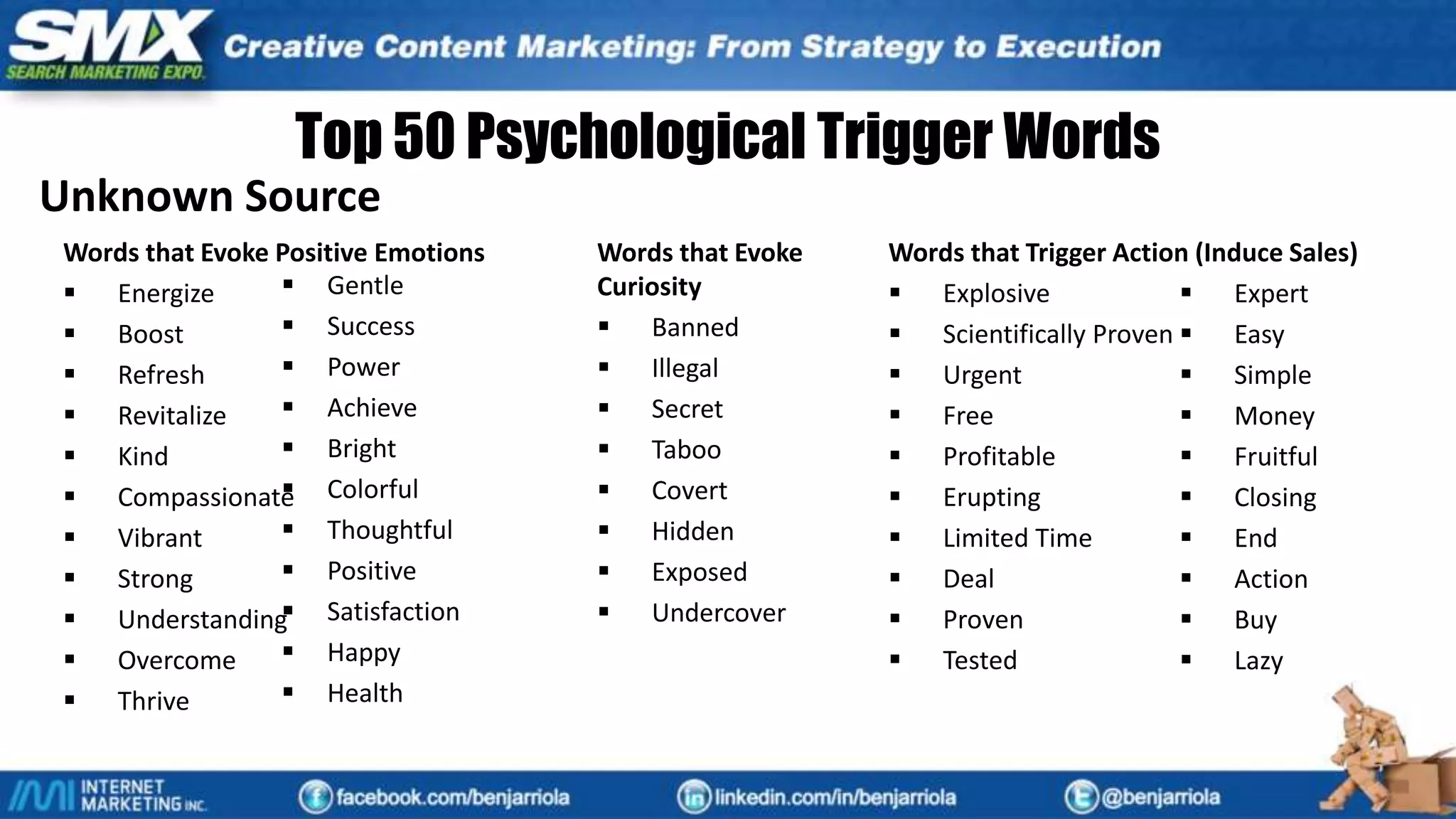 Top 50 Psychological Trigger Words
Unknown Source
Words that Evoke Positive Emotions
 Energize
 Boost
 Refresh
 Revitalize
 Kind
 Compassionate
 Vibrant
 Strong
 Understanding
 Overcome
 Thrive
Words that Evoke
Curiosity
 Banned
 Illegal
 Secret
 Taboo
 Covert
 Hidden
 Exposed
 Undercover
 Gentle
 Success
 Power
 Achieve
 Bright
 Colorful
 Thoughtful
 Positive
 Satisfaction
 Happy
 Health
Words that Trigger Action (Induce Sales)
 Explosive
 Scientifically Proven
 Urgent
 Free
 Profitable
 Erupting
 Limited Time
 Deal
 Proven
 Tested
 Expert
 Easy
 Simple
 Money
 Fruitful
 Closing
 End
 Action
 Buy
 Lazy
 