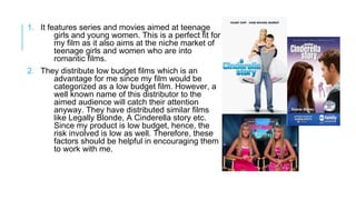 1. It features series and movies aimed at teenage
girls and young women. This is a perfect fit for
my film as it also aims at the niche market of
teenage girls and women who are into
romantic films.
2. They distribute low budget films which is an
advantage for me since my film would be
categorized as a low budget film. However, a
well known name of this distributor to the
aimed audience will catch their attention
anyway. They have distributed similar films
like Legally Blonde, A Cinderella story etc.
Since my product is low budget, hence, the
risk involved is low as well. Therefore, these
factors should be helpful in encouraging them
to work with me.
 