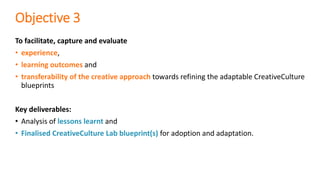 Objective 3
To facilitate, capture and evaluate
• experience,
• learning outcomes and
• transferability of the creative approach towards refining the adaptable CreativeCulture
blueprints
Key deliverables:
• Analysis of lessons learnt and
• Finalised CreativeCulture Lab blueprint(s) for adoption and adaptation.
 
