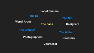 The Breaker
The Dj
The MC
The Writer
Photographers
Visual Artist
Designers
Label Owners
The Fans
Directors
Journalist
 