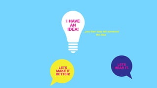 LETS?
HEAR IT.LETS
MAKE IT
BETTER!
I HAVE
AN
IDEA! ...you then may tell someone
the idea
 