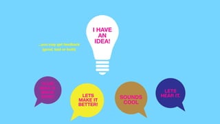 LETS?
HEAR IT.LETS
MAKE IT
BETTER!
YOUR?
IDEA IS
WACK
SON!!! SOUNDS
COOL
I HAVE
AN
IDEA!...you may get feedback
(good, bad or both)
 