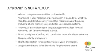 A “BRAND” IS NOT A ”LOGO”.
• A brand brings your competitive position to life.
• Your brand is your “promise of performance”. It’s a code for what you
stand for, and it includes everything that represents your business,
including phone manner, sales and after sales service, systems.
• Your visual materials support this; putting your best foot forward,
when you can’t be everywhere at once.
• Brand equity has a $ value, and contributes to your business valuation.
• It creates clarity and synergy.
• It is the foundation for consistency across years and regions.
• A logo is the simple, visual shorthand for your whole brand.
 
