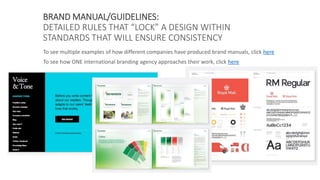 BRAND MANUAL/GUIDELINES:
DETAILED RULES THAT “LOCK” A DESIGN WITHIN
STANDARDS THAT WILL ENSURE CONSISTENCY
To see multiple examples of how different companies have produced brand manuals, click here
To see how ONE international branding agency approaches their work, click here
 