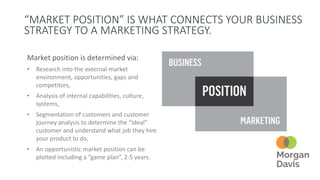 “MARKET POSITION” IS WHAT CONNECTS YOUR BUSINESS
STRATEGY TO A MARKETING STRATEGY.
Market position is determined via:
• Research into the external market
environment, opportunities, gaps and
competitors,
• Analysis of internal capabilities, culture,
systems,
• Segmentation of customers and customer
journey analysis to determine the “Ideal”
customer and understand what job they hire
your product to do,
• An opportunistic market position can be
plotted including a “game plan”, 2-5 years.
 