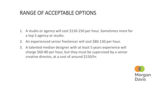 RANGE OF ACCEPTABLE OPTIONS
1. A studio or agency will cost $150-250 per hour. Sometimes more for
a top 5 agency or studio.
2. An experienced senior freelancer will cost $80-130 per hour.
3. A talented median designer with at least 5 years experience will
charge $60-80 per hour, but they must be supervised by a senior
creative director, at a cost of around $150/hr.
 