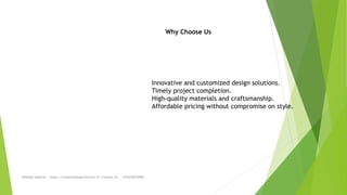 Website address - https://creativedesigninteriors.in/ Contact Us - +916238570040
Innovative and customized design solutions.
Timely project completion.
High-quality materials and craftsmanship.
Affordable pricing without compromise on style.
Why Choose Us
 