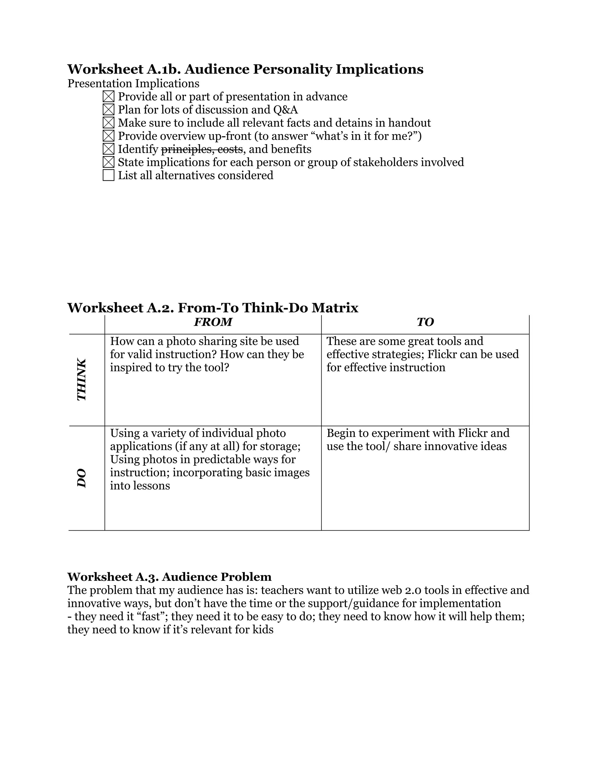 Worksheet A.1b. Audience Personality Implications
Presentation Implications
Provide all or part of presentation in advance
Plan for lots of discussion and Q&A
Make sure to include all relevant facts and detains in handout
Provide overview up-front (to answer “what’s in it for me?”)
Identify principles, costs, and benefits
State implications for each person or group of stakeholders involved
List all alternatives considered
Worksheet A.2. From-To Think-Do Matrix
FROM TO
THINK
How can a photo sharing site be used
for valid instruction? How can they be
inspired to try the tool?
These are some great tools and
effective strategies; Flickr can be used
for effective instruction
DO
Using a variety of individual photo
applications (if any at all) for storage;
Using photos in predictable ways for
instruction; incorporating basic images
into lessons
Begin to experiment with Flickr and
use the tool/ share innovative ideas
Worksheet A.3. Audience Problem
The problem that my audience has is: teachers want to utilize web 2.0 tools in effective and
innovative ways, but don’t have the time or the support/guidance for implementation
- they need it “fast”; they need it to be easy to do; they need to know how it will help them;
they need to know if it’s relevant for kids
 