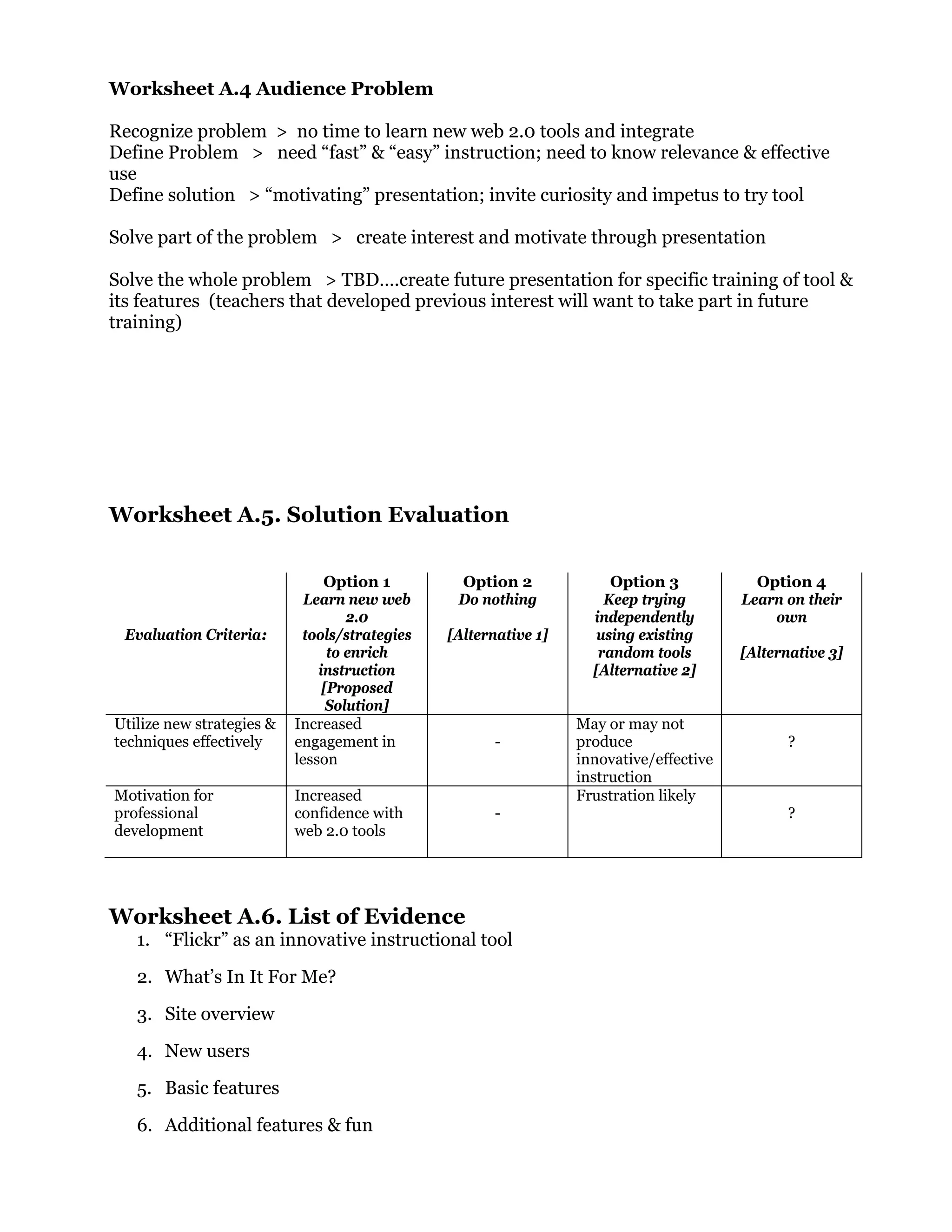 Worksheet A.4 Audience Problem
Recognize problem > no time to learn new web 2.0 tools and integrate
Define Problem > need “fast” & “easy” instruction; need to know relevance & effective
use
Define solution > “motivating” presentation; invite curiosity and impetus to try tool
Solve part of the problem > create interest and motivate through presentation
Solve the whole problem > TBD….create future presentation for specific training of tool &
its features (teachers that developed previous interest will want to take part in future
training)
Worksheet A.5. Solution Evaluation
Evaluation Criteria:
Option 1
Learn new web
2.0
tools/strategies
to enrich
instruction
[Proposed
Solution]
Option 2
Do nothing
[Alternative 1]
Option 3
Keep trying
independently
using existing
random tools
[Alternative 2]
Option 4
Learn on their
own
[Alternative 3]
Utilize new strategies &
techniques effectively
Increased
engagement in
lesson
-
May or may not
produce
innovative/effective
instruction
?
Motivation for
professional
development
Increased
confidence with
web 2.0 tools
-
Frustration likely
?
Worksheet A.6. List of Evidence
1. “Flickr” as an innovative instructional tool
2. What’s In It For Me?
3. Site overview
4. New users
5. Basic features
6. Additional features & fun
 