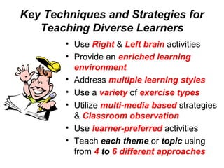 Key Techniques and Strategies for
Teaching Diverse Learners
• Use Right & Left brain activities
• Provide an enriched learning
environment
• Address multiple learning styles
• Use a variety of exercise types
• Utilize multi-media based strategies
& Classroom observation
• Use learner-preferred activities
• Teach each theme or topic using
from 4 to 6 different approaches
 