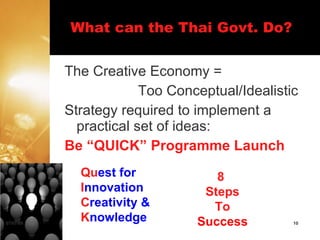 What can the Thai Govt. Do?


           The Creative Economy =
                        Too Conceptual/Idealistic
           Strategy required to implement a
             practical set of ideas:
           Be “QUICK” Programme Launch
             Quest for             8
             Innovation          Steps
             Creativity &         To
07/07/09
             Knowledge          Success         10
 