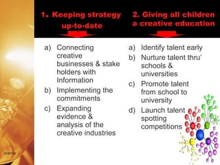 1. Keeping strategy       2. Giving all children
                up-to-date           a creative education


           a) Connecting            a) Identify talent early
              creative              b) Nurture talent thru’
              businesses & stake       schools &
              holders with             universities
              Information           c) Promote talent
           b) Implementing the         from school to
              commitments              university
           c) Expanding             d) Launch talent
              evidence &               spotting
              analysis of the          competitions
              creative industries

07/07/09                                                   13
 