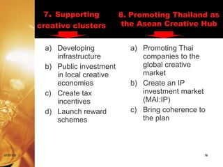 7. Supporting          8. Promoting Thailand as
           creative clusters       the Asean Creative Hub


            a) Developing            a) Promoting Thai
               infrastructure           companies to the
            b) Public investment        global creative
               in local creative        market
               economies             b) Create an IP
            c) Create tax               investment market
               incentives               (MAI:IP)
            d) Launch reward         c) Bring coherence to
               schemes                  the plan



07/07/09                                                 16
 