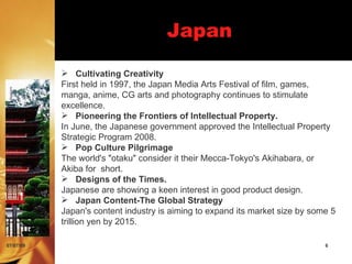 Japan
            Cultivating Creativity
           First held in 1997, the Japan Media Arts Festival of film, games,
           manga, anime, CG arts and photography continues to stimulate
           excellence.
            Pioneering the Frontiers of Intellectual Property.
           In June, the Japanese government approved the Intellectual Property
           Strategic Program 2008.
            Pop Culture Pilgrimage
           The world's "otaku" consider it their Mecca-Tokyo's Akihabara, or
           Akiba for short.
            Designs of the Times.
           Japanese are showing a keen interest in good product design.
            Japan Content-The Global Strategy
           Japan's content industry is aiming to expand its market size by some 5
           trillion yen by 2015.

07/07/09                                                                      6
 