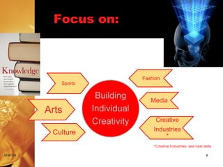 Focus on:



                         Fashion
              Sports


                            Media
           Arts
                              Creative
                             Industries
            Culture              *
                             *Creative Industries: see next slide

07/07/09                                                     8
 