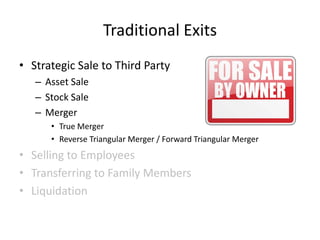 Traditional Exits
• Strategic Sale to Third Party
– Asset Sale
– Stock Sale
– Merger
• True Merger
• Reverse Triangular Merger / Forward Triangular Merger

• Selling to Employees
• Transferring to Family Members
• Liquidation

 