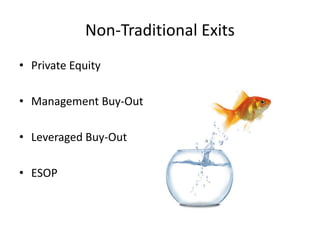 Non-Traditional Exits
• Private Equity
• Management Buy-Out
• Leveraged Buy-Out
• ESOP

 