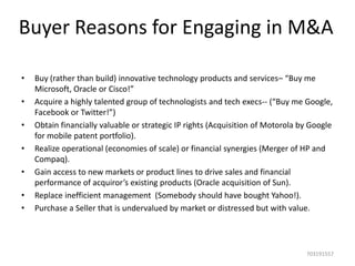 Buyer Reasons for Engaging in M&A
•
•

•
•

•
•
•

Buy (rather than build) innovative technology products and services– “Buy me
Microsoft, Oracle or Cisco!”
Acquire a highly talented group of technologists and tech execs-- (“Buy me Google,
Facebook or Twitter!”)
Obtain financially valuable or strategic IP rights (Acquisition of Motorola by Google
for mobile patent portfolio).
Realize operational (economies of scale) or financial synergies (Merger of HP and
Compaq).
Gain access to new markets or product lines to drive sales and financial
performance of acquiror’s existing products (Oracle acquisition of Sun).
Replace inefficient management (Somebody should have bought Yahoo!).
Purchase a Seller that is undervalued by market or distressed but with value.

703191557

 