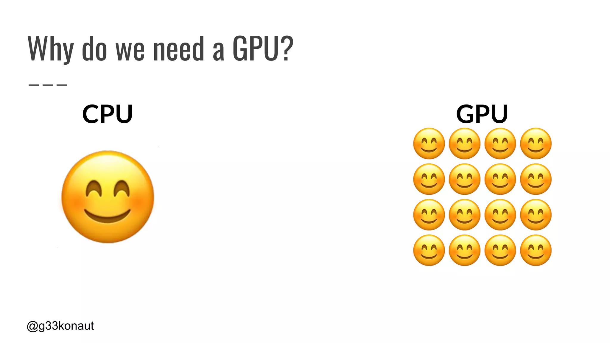@g33konaut
Why do we need a GPU?
CPU GPU
 
