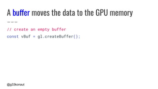 @g33konaut
A buffer moves the data to the GPU memory
// create an empty buffer
const vBuf = gl.createBuffer();
 