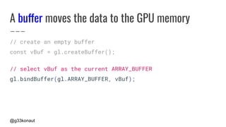 @g33konaut
A buffer moves the data to the GPU memory
// create an empty buffer
const vBuf = gl.createBuffer();
// select vBuf as the current ARRAY_BUFFER
gl.bindBuffer(gl.ARRAY_BUFFER, vBuf);
 