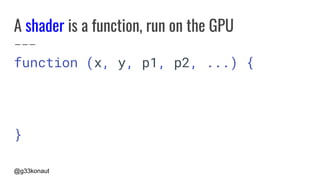 @g33konaut
A shader is a function, run on the GPU
function (x, y, p1, p2, ...) {
}
 