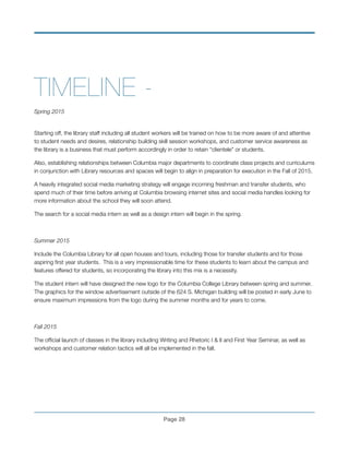 TIMELINE -
Spring 2015
 
Starting off, the library staff including all student workers will be trained on how to be more aware of and attentive
to student needs and desires, relationship building skill session workshops, and customer service awareness as
the library is a business that must perform accordingly in order to retain “clientele” or students.
Also, establishing relationships between Columbia major departments to coordinate class projects and curriculums
in conjunction with Library resources and spaces will begin to align in preparation for execution in the Fall of 2015.
A heavily integrated social media marketing strategy will engage incoming freshman and transfer students, who
spend much of their time before arriving at Columbia browsing internet sites and social media handles looking for
more information about the school they will soon attend.
The search for a social media intern as well as a design intern will begin in the spring.
!
Summer 2015
Include the Columbia Library for all open houses and tours, including those for transfer students and for those
aspiring ﬁrst year students. This is a very impressionable time for these students to learn about the campus and
features offered for students, so incorporating the library into this mix is a necessity.
The student intern will have designed the new logo for the Columbia College Library between spring and summer.
The graphics for the window advertisement outside of the 624 S. Michigan building will be posted in early June to
ensure maximum impressions from the logo during the summer months and for years to come.
!
Fall 2015
The ofﬁcial launch of classes in the library including Writing and Rhetoric I & II and First Year Seminar, as well as
workshops and customer relation tactics will all be implemented in the fall.
!
Page !28
 