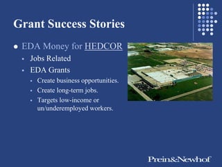 Grant Success Stories
   EDA Money for HEDCOR
       Jobs Related
       EDA Grants
           Create business opportunities.
           Create long-term jobs.
           Targets low-income or
            un/underemployed workers.
 