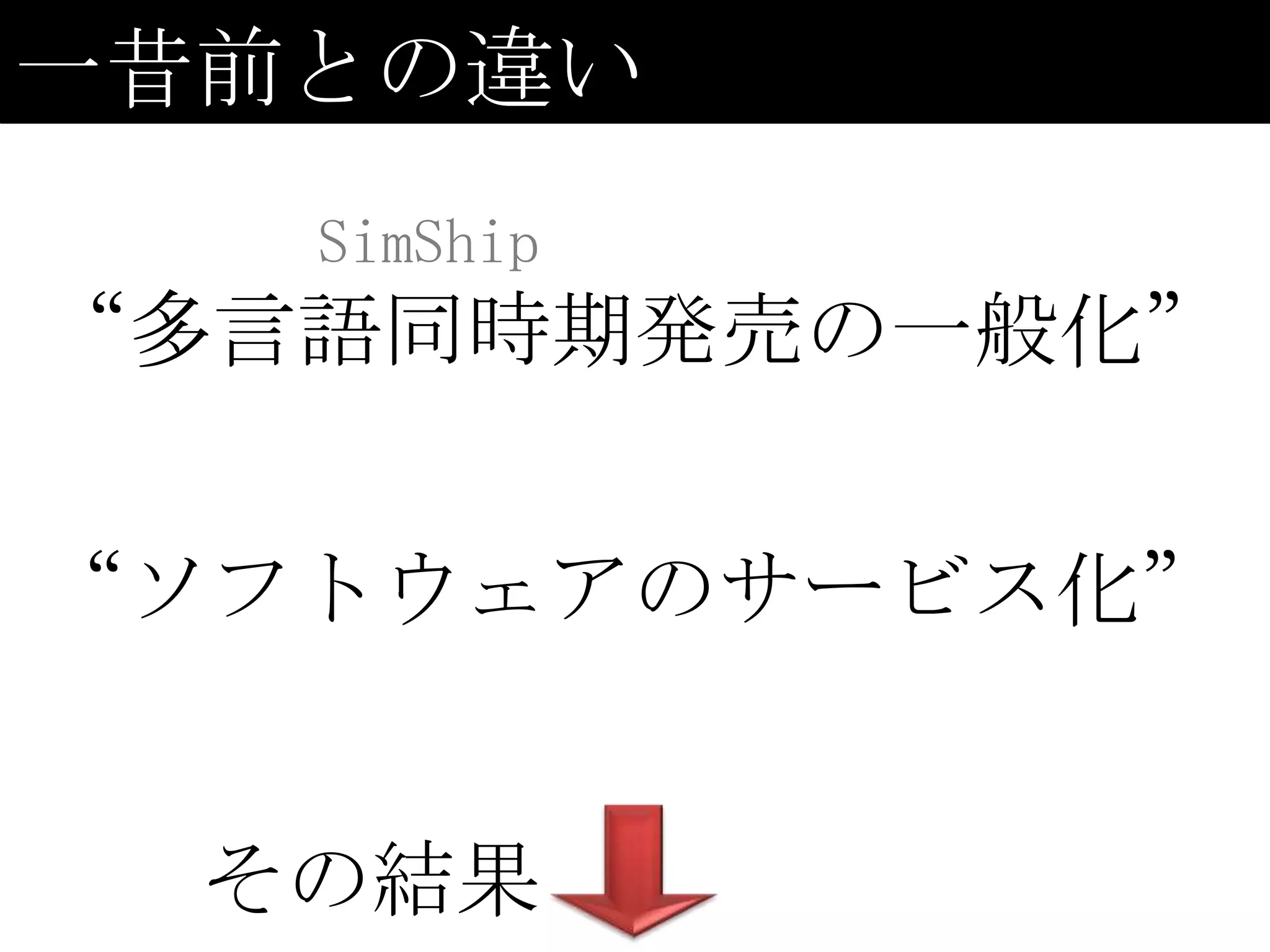 一昔前との違い
   SimShip
“多言語同時期発売の一般化”


“ソフトウェアのサービス化”


  その結果
 